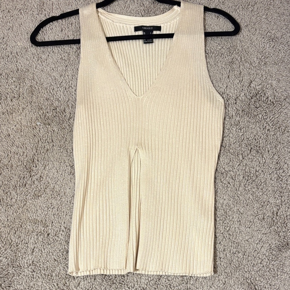 Forever 21 Ivory Ribbed V-Neck Tank Top